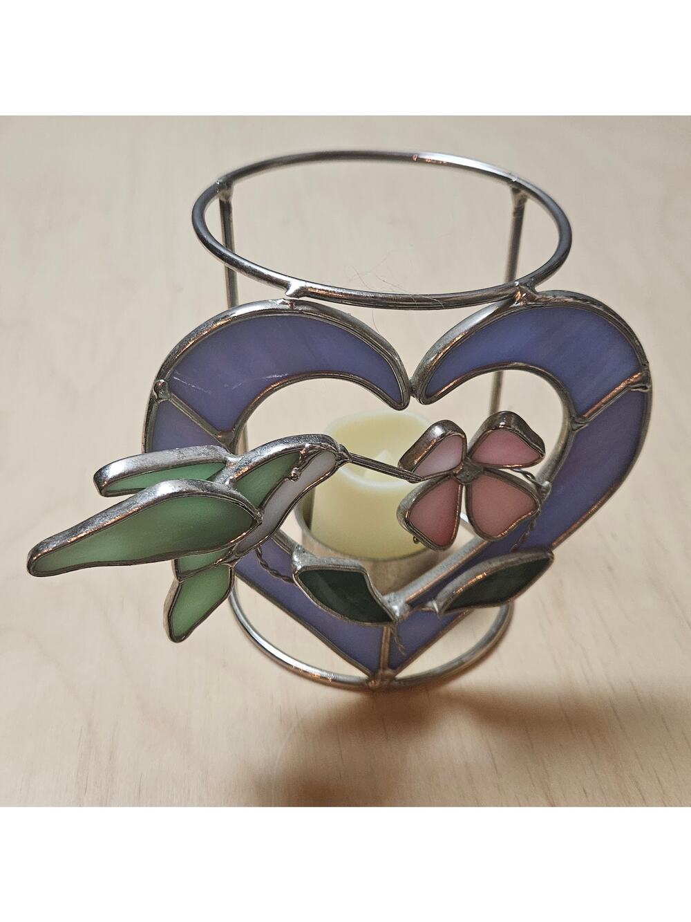Vintage 1990s Handmade Stained Glass Votive Candle Holder Hummingbird in Heart